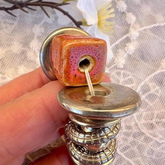 Coil Wrapped Silver Bracelet with Bold Orange Ceramic Pottery Bead Accent - Picture 8 of 9